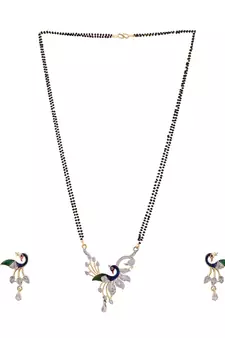 Gold Plated Black Artificial Stones-Studded & Beaded Peacock Motif Mangalsutra Set