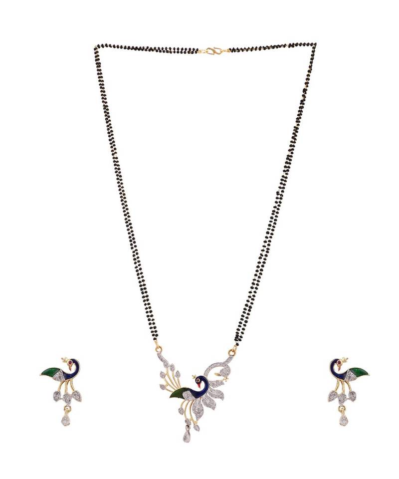 Gold Plated Black Artificial Stones-Studded & Beaded Peacock Motif Mangalsutra Set