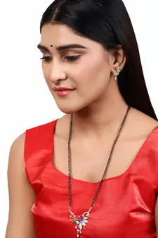 Gold Plated Black Artificial Stones-Studded & Beaded Peacock Motif Mangalsutra Set