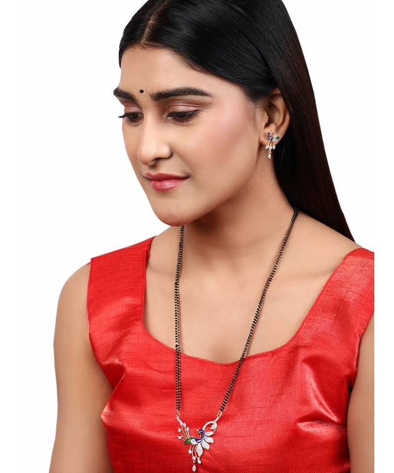 Gold Plated Black Artificial Stones-Studded & Beaded Peacock Motif Mangalsutra Set