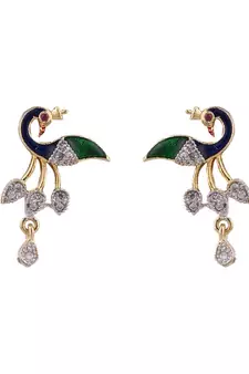 Gold Plated Black Artificial Stones-Studded & Beaded Peacock Motif Mangalsutra Set