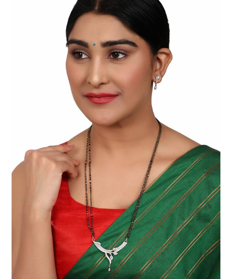 Gold Plated Black Artificial Stones-Studded & Beaded Mangalsutra Set