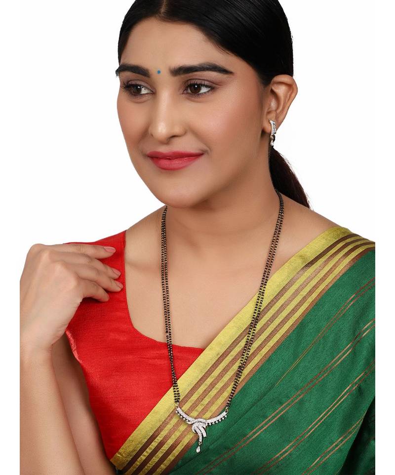 Gold Plated Black Artificial Stones-Studded & Beaded Mangalsutra Set