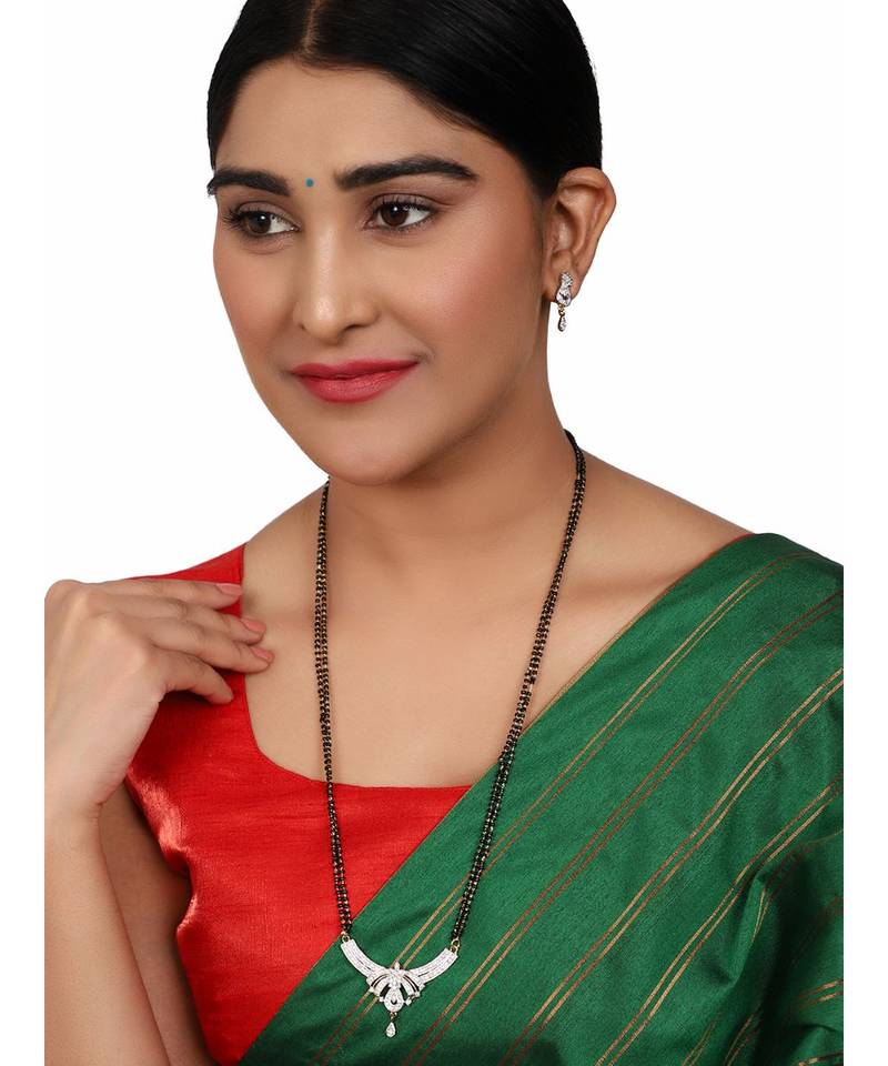 Gold Plated Black Artificial Stones-Studded & Beaded Mangalsutra Set