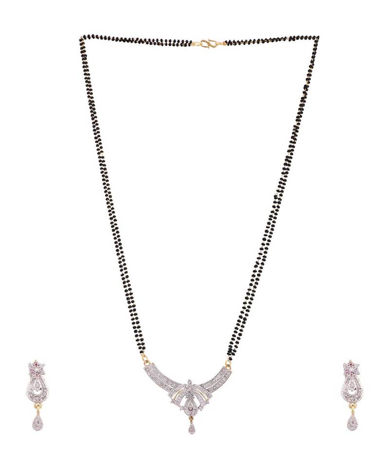 Gold Plated Black Artificial Stones-Studded & Beaded Mangalsutra Set