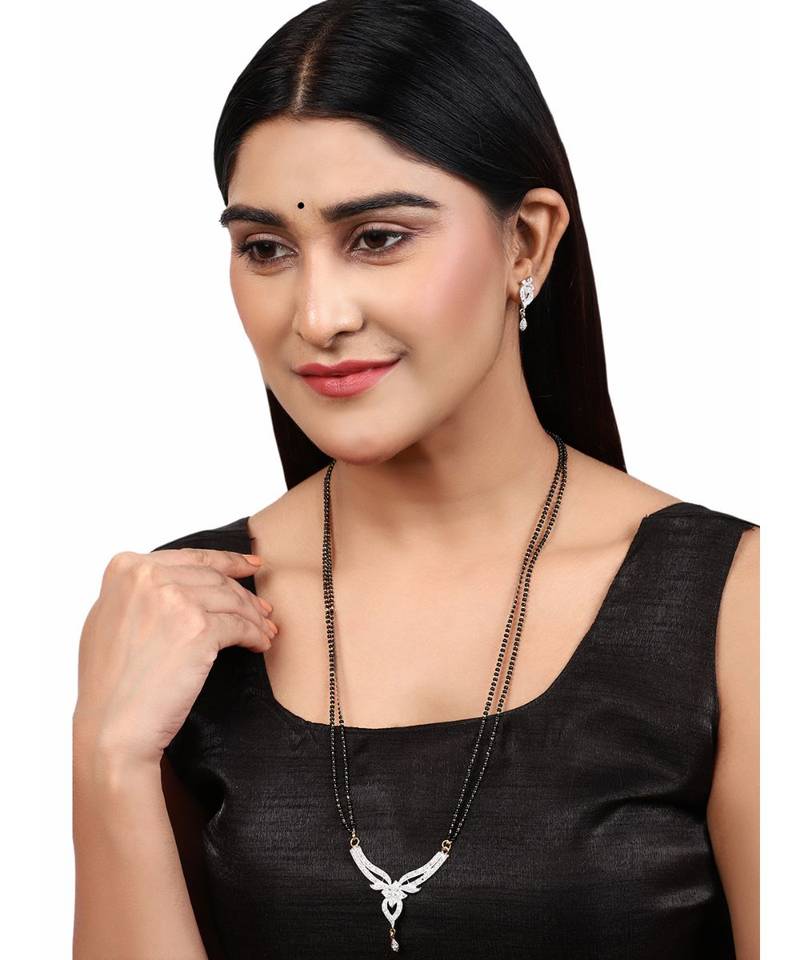 Gold Plated Black Artificial Stones-Studded & Beaded Mangalsutra Set