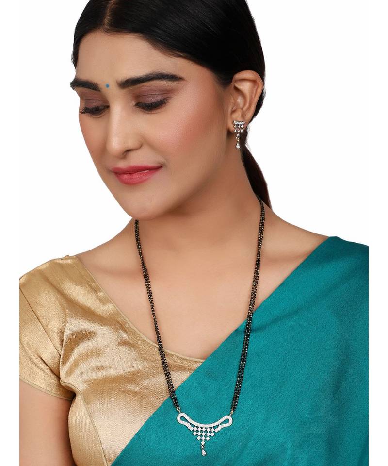 Gold Plated Black Artificial Stones-Studded & Beaded Mangalsutra Set