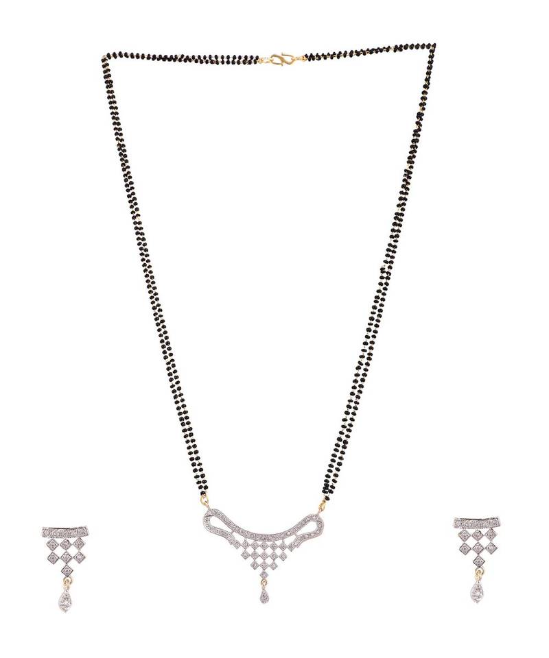 Gold Plated Black Artificial Stones-Studded & Beaded Mangalsutra Set