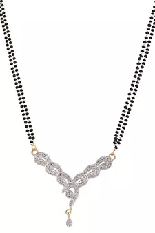 Gold Plated Black Artificial Stones-Studded & Beaded Mangalsutra Set