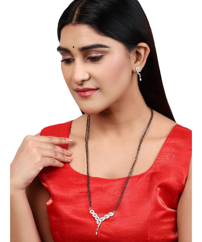 Gold Plated Black Artificial Stones-Studded & Beaded Mangalsutra Set