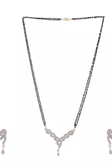 Gold Plated Black Artificial Stones-Studded & Beaded Mangalsutra Set