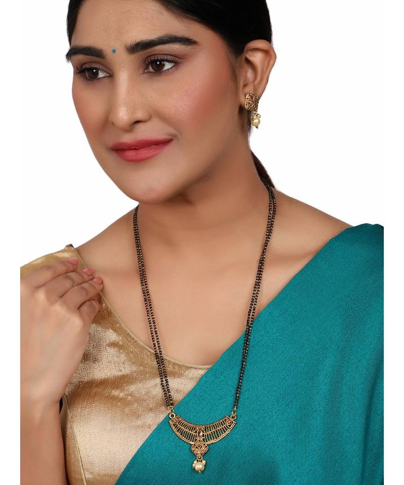 Woman Gold-Plated & Black Beaded Mangalsutra