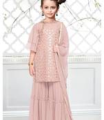 White Button Beige 9mm Sequence embroidery Designer Top With Sharara Salwar Suit For Kids Girls