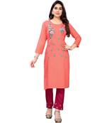 Peach embroidered viscose rayon kurtas-and-kurtis