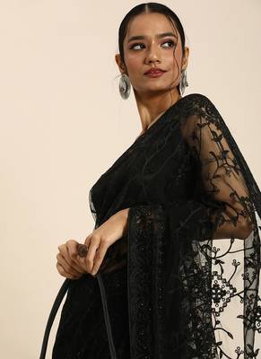 Black Embroidered Net Saree With Blouse 2