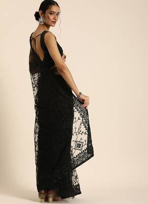 Black Embroidered Net Saree With Blouse 3