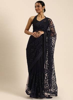 Dark blue embroidered net saree with blouse 1