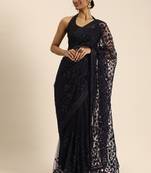 Dark blue embroidered net saree with blouse