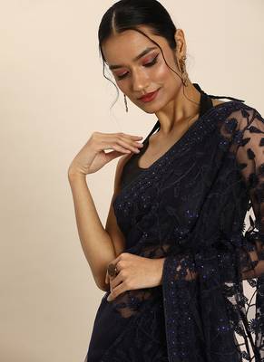 Dark blue embroidered net saree with blouse 2