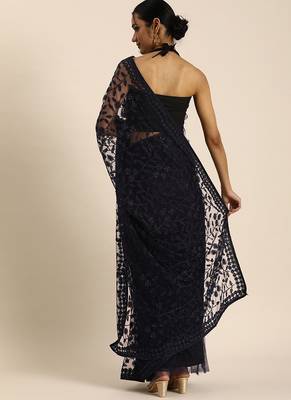 Dark blue embroidered net saree with blouse 3