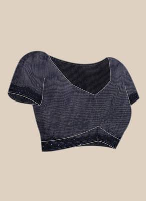 Dark blue embroidered net saree with blouse 5