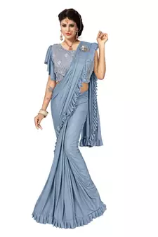 Grey Ready To Wear Saree With Broach Stitching Blouse