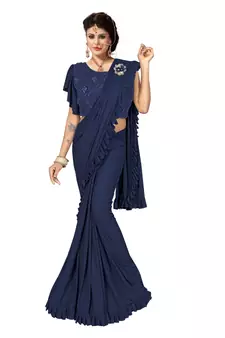 Navy Blue Ready To Wear Saree With Broach Stitching Blouse