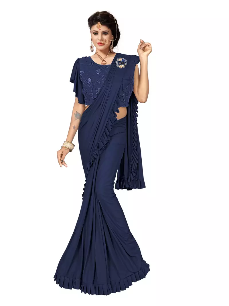 Navy Blue Ready To Wear Saree With Broach Stitching Blouse