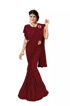 Maroon Ready To Wear Saree With Broach Stitching Blouse