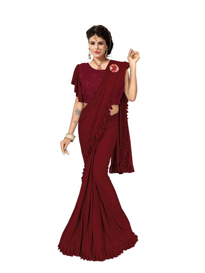 Maroon Ready To Wear Saree With Broach Stitching Blouse