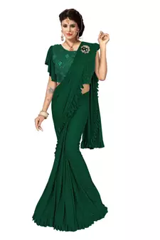 Bottle Green Ready To Wear Saree With Broach Stitching Blouse