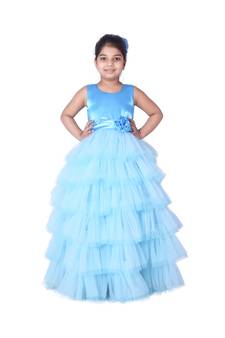 Blue plain net kids-girl-gowns
