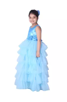 Blue plain net kids-girl-gowns