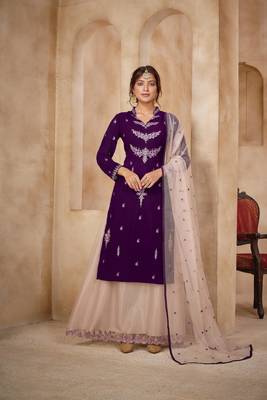 Purple Faux Georgette Semi Stitched Top With Stitched Embroidered Straight Kurta Dress Material 1