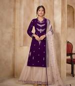 Purple Faux Georgette Semi Stitched Top With Stitched Embroidered Straight Kurta Dress Material