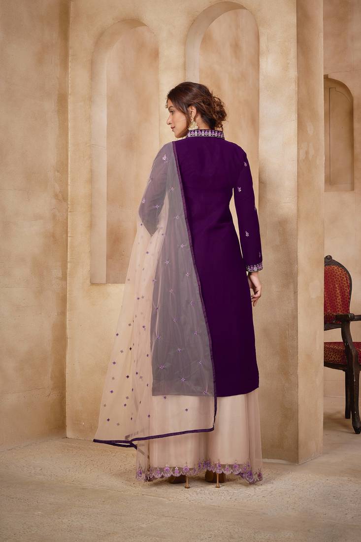 Purple Faux Georgette Semi Stitched Top With Stitched Embroidered Straight Kurta Dress Material