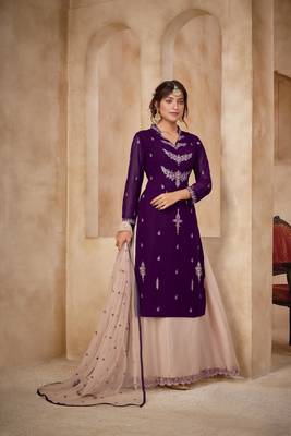 Purple Faux Georgette Semi Stitched Top With Stitched Embroidered Straight Kurta Dress Material 3
