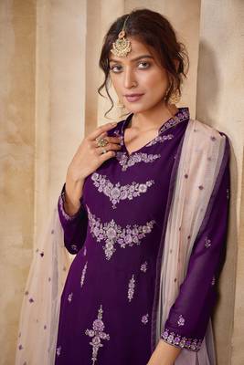 Purple Faux Georgette Semi Stitched Top With Stitched Embroidered Straight Kurta Dress Material 4