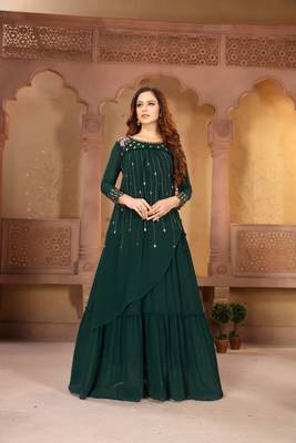 Green Faux Georgette Semi Stitched Top With Nazmin Dupatta Embroidered Flared Gown Dress Material 1