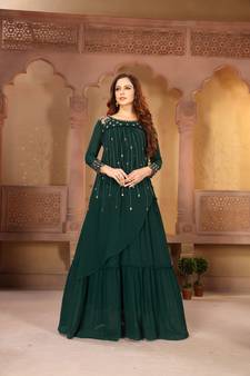 Green Faux Georgette Semi Stitched Top With Nazmin Dupatta Embroidered Flared Gown Dress Material