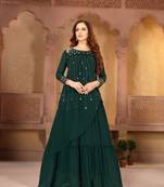 Green Faux Georgette Semi Stitched Top With Nazmin Dupatta Embroidered Flared Gown Dress Material