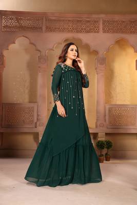 Green Faux Georgette Semi Stitched Top With Nazmin Dupatta Embroidered Flared Gown Dress Material 3