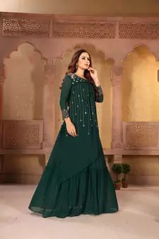 Green Faux Georgette Semi Stitched Top With Nazmin Dupatta Embroidered Flared Gown Dress Material