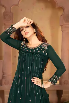 Green Faux Georgette Semi Stitched Top With Nazmin Dupatta Embroidered Flared Gown Dress Material