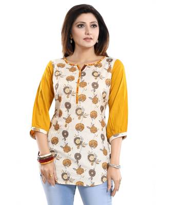 Cream Cotton Printed Apple-Cut Short kurti 1
