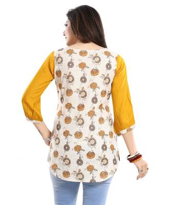 Cream Cotton Printed Apple-Cut Short kurti 4