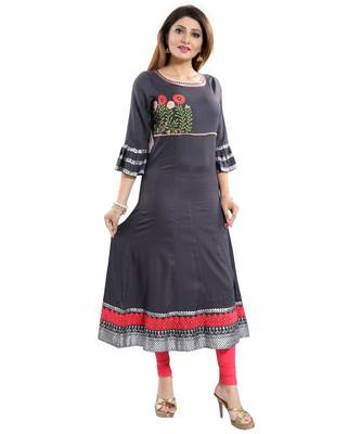 Beauteous Gray Long Anarkali Styled Rayon Cotton Kurti 2
