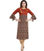 Rust Rayon Printed Flared Long kurti With Floral Embroidery and Designer Umbrella Sleeves