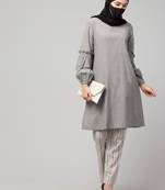 Grey Cotton Tunic With Striped Cotton Trouser Co-ord Set