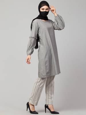 Grey Cotton Tunic With Striped Cotton Trouser Co-ord Set 2